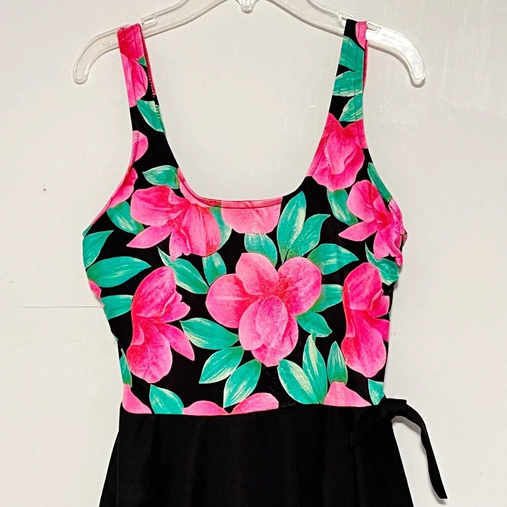Vintage Sea Fair Beach Floral Side Tie One Piece Summer Swimsuit Skirt USA Small
